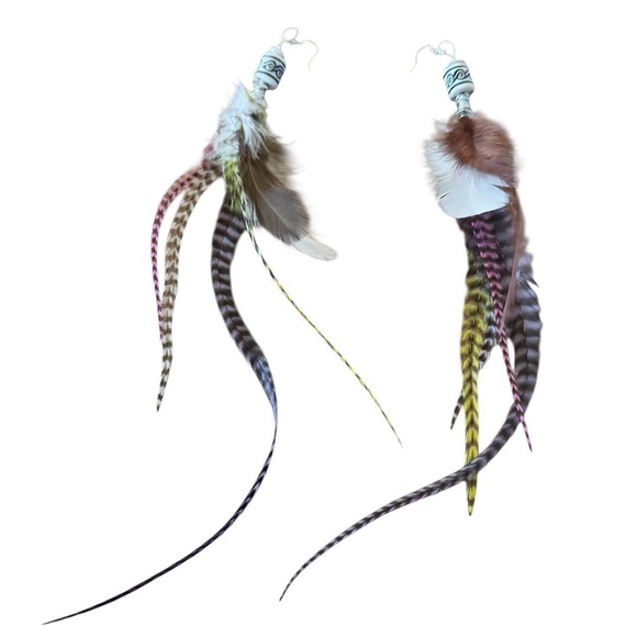 Boho. Handmade Rooster Grizzly Feather Long Color Handmade Earrings #3 - Picture 2 of 6